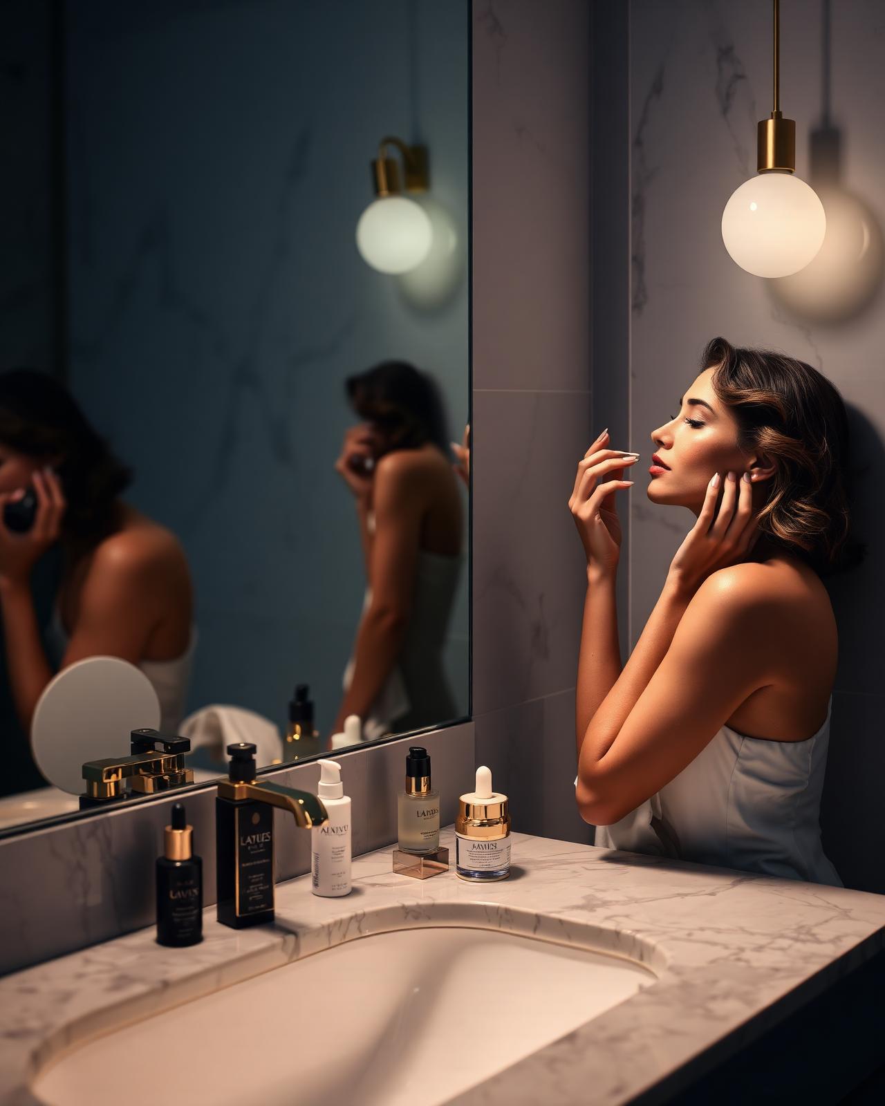 A moonlit beauty ritual at a marble vanity